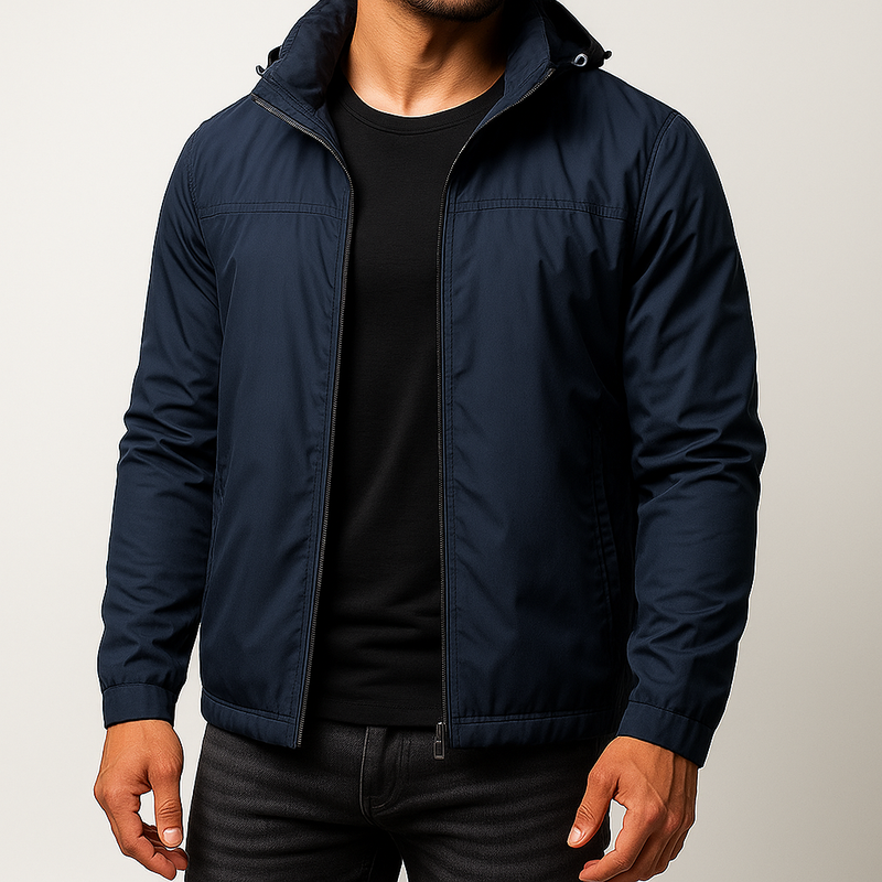 A man wearing a navy blue zip-up hooded jacket over a black t-shirt and dark jeans, photographed against a light gray studio background.