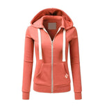 Coral hoodie with white zipper and drawstrings on a white background