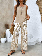 Print Suits Sleeveless Double-layer Vest And Loose Straight Pants Womens Clothing