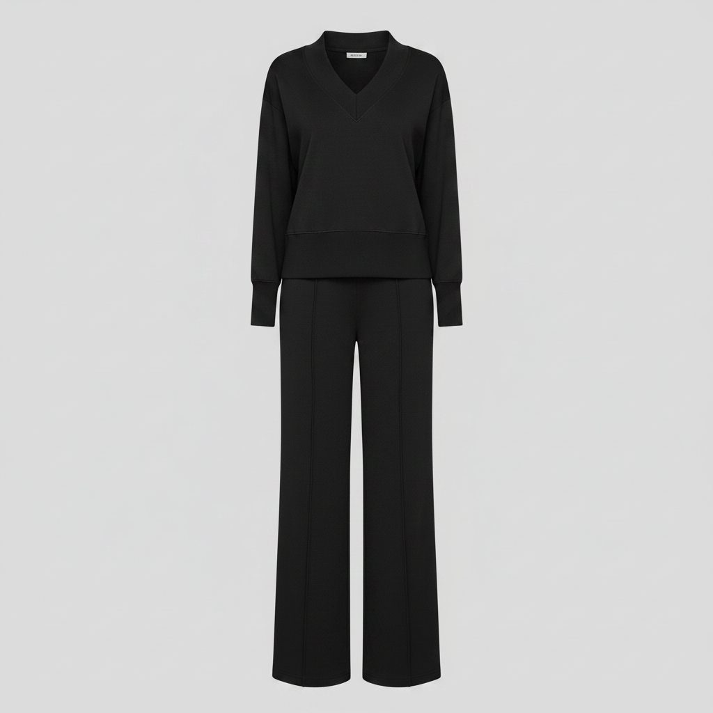 A black two-piece knit set featuring a long-sleeve V-neck cropped sweater and matching wide-leg trousers, displayed on a ghost mannequin against a light gray background.