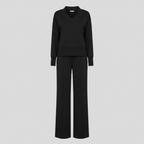 A black two-piece knit set featuring a long-sleeve V-neck cropped sweater and matching wide-leg trousers, displayed on a ghost mannequin against a light gray background.