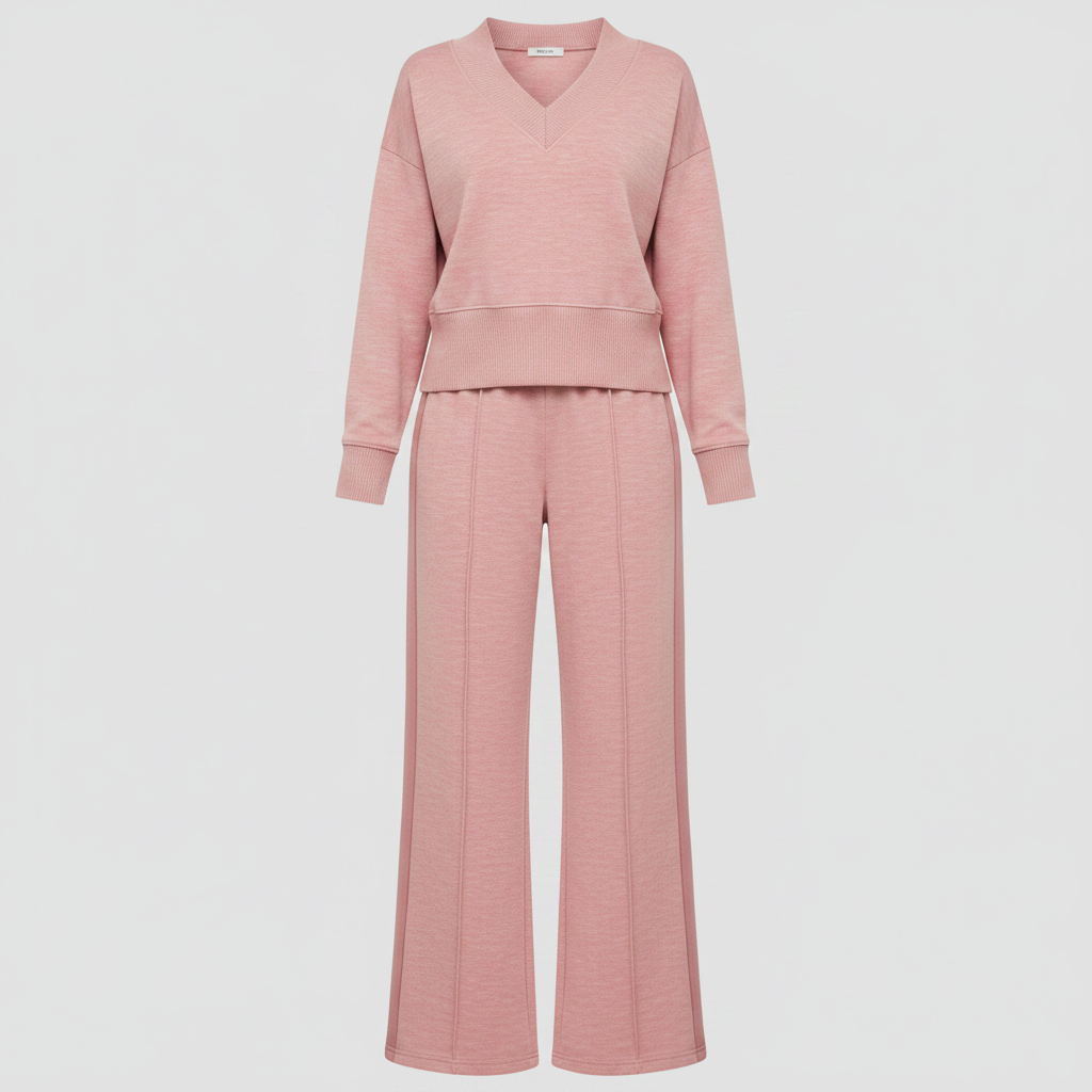 A two-piece women's loungewear set in a dusty rose pink color, featuring a long-sleeve cropped V-neck sweatshirt and matching wide-leg trousers, shown on a light gray background.