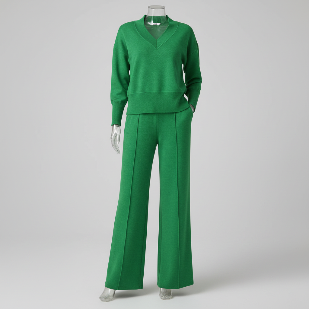 A green knit two-piece set displayed on a mannequin, featuring a long-sleeve V-neck sweater and matching wide-leg trousers, photographed against a light gray studio background.
