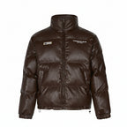 Brown puffer jacket with brand logos on a white background