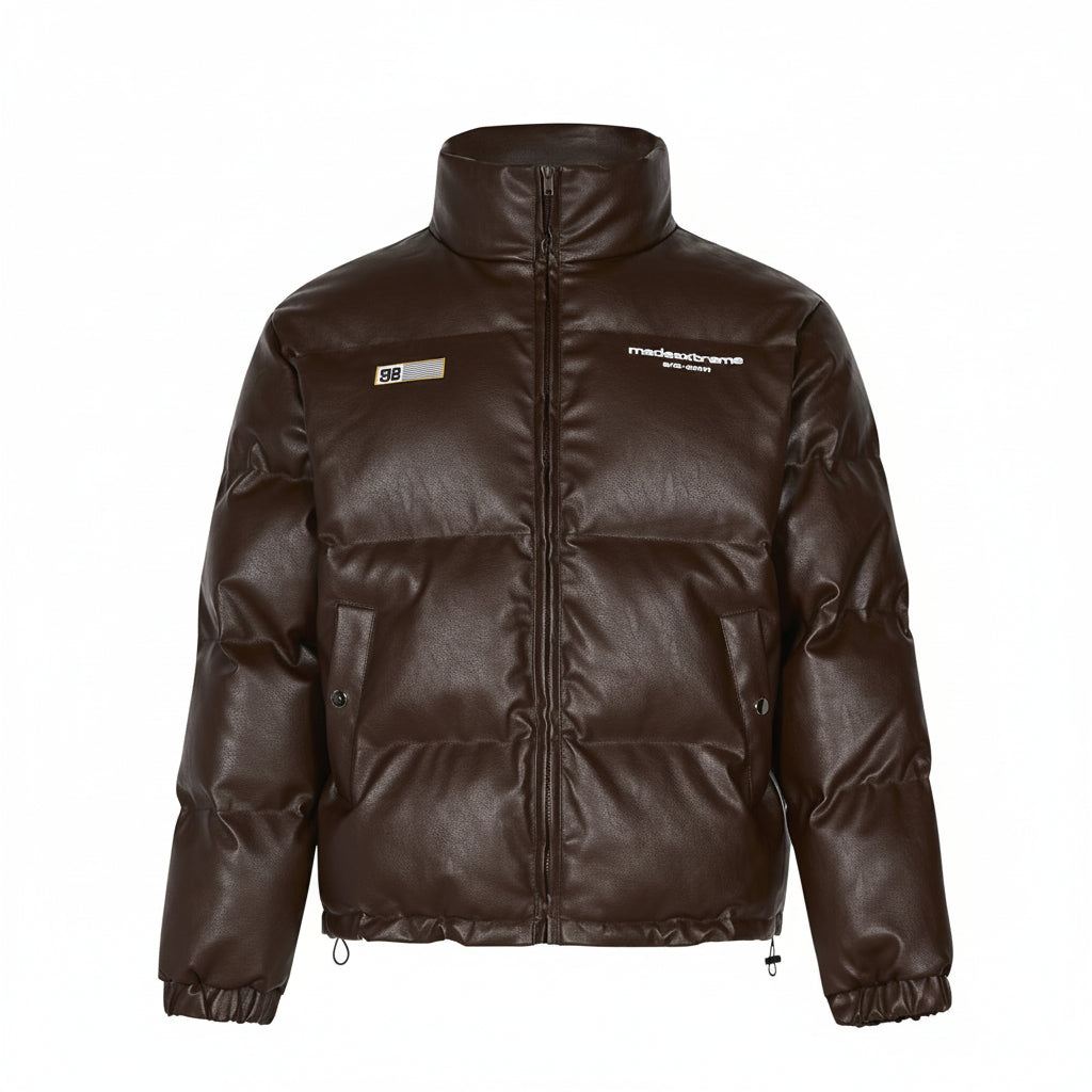 Brown puffer jacket with brand logos on a white background