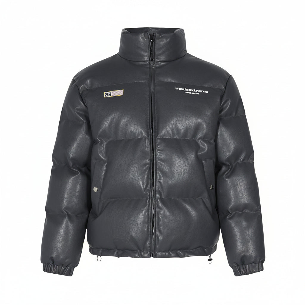 Men’s Printed PU Leather Puffer Jacket Loose Fit