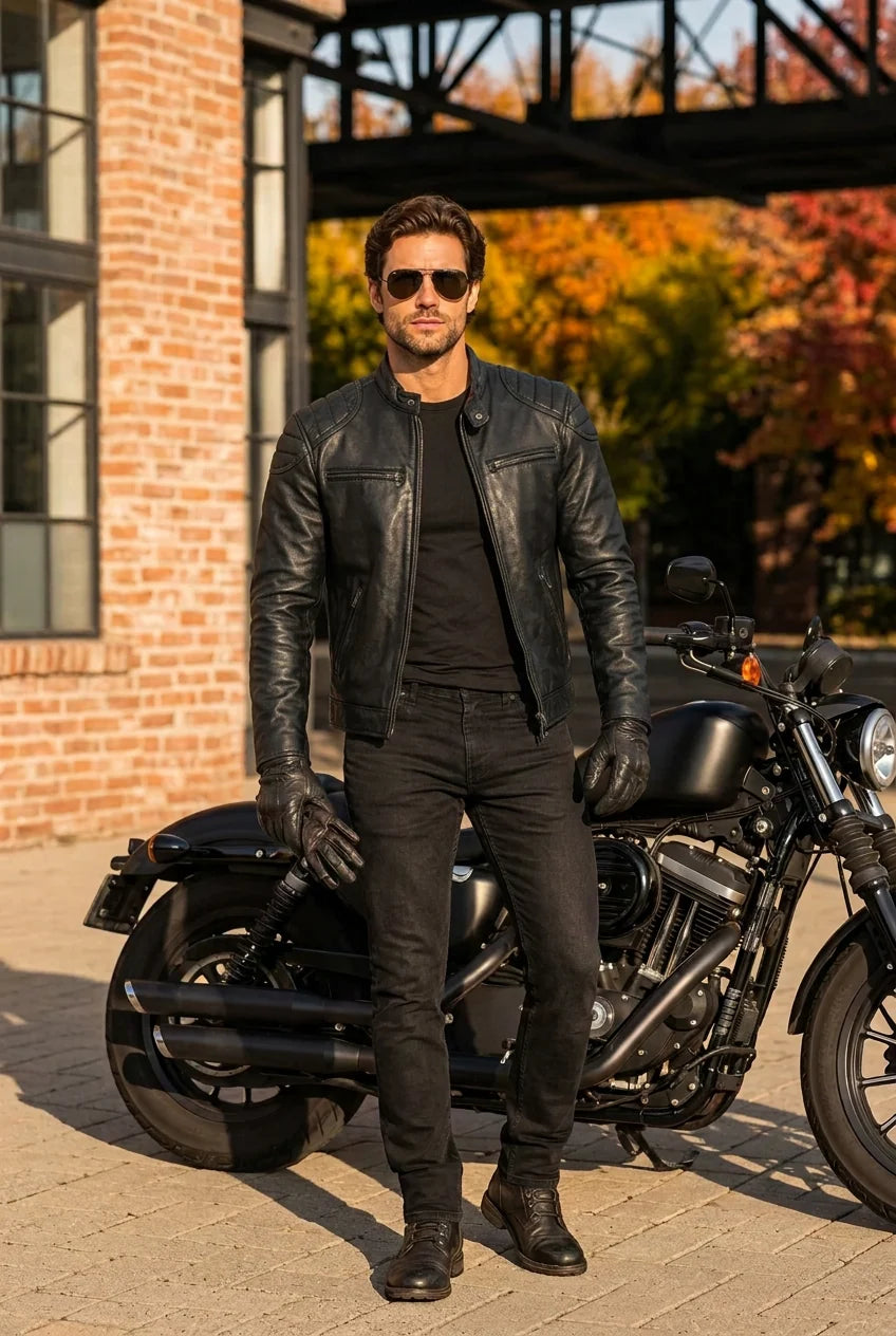 A man wearing a black leather jacket, black t-shirt, black jeans, and black boots stands in front of a black cruiser motorcycle on a paved street. He is wearing sunglasses and black leather gloves, with a brick building and autumn trees in the background.