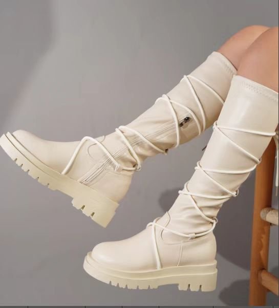Women’s White Lace-Up Platform Cowboy Boots
