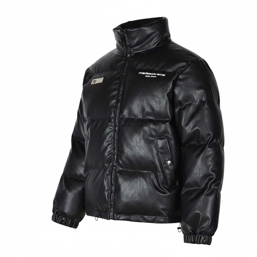 Men’s Printed PU Leather Puffer Jacket Loose Fit