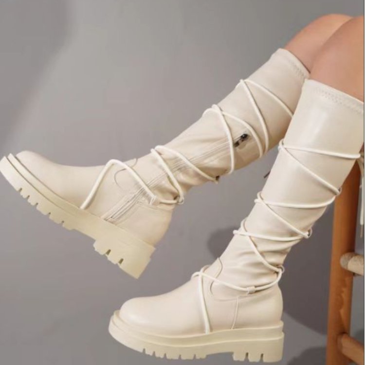 Women’s White Lace-Up Platform Cowboy Boots