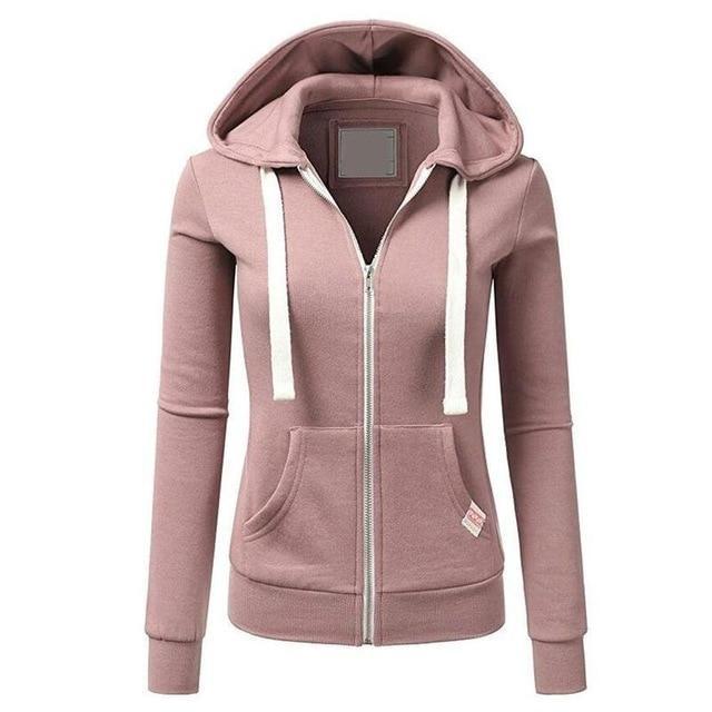 Pink hoodie with a zipper on a white background