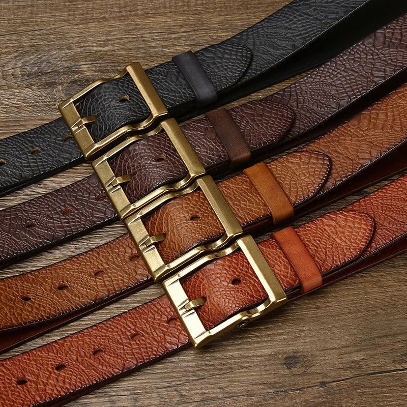 Men's Cowhide Leather Belt Solid Brass Pin Buckle