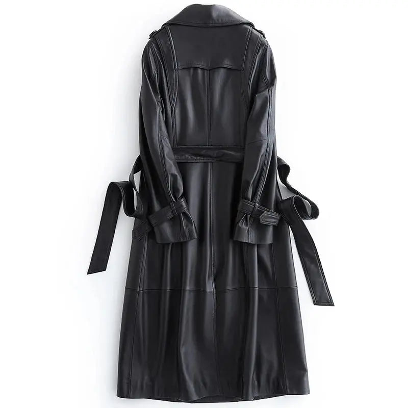 Women's Allure Leather Long Coat | Premium Double-Breasted Trench