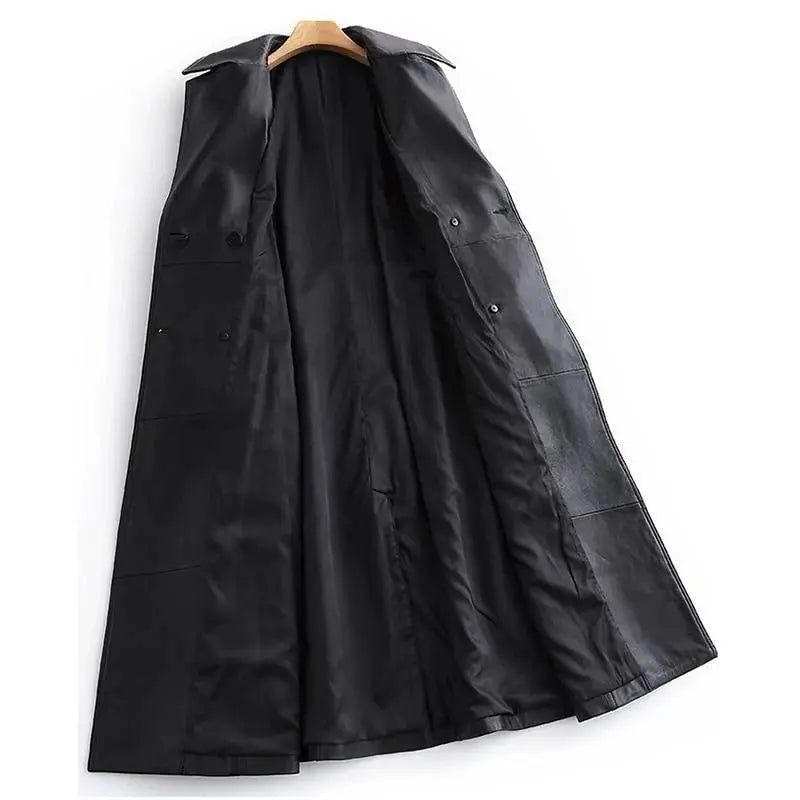 Women's Allure Leather Long Coat | Premium Double-Breasted Trench