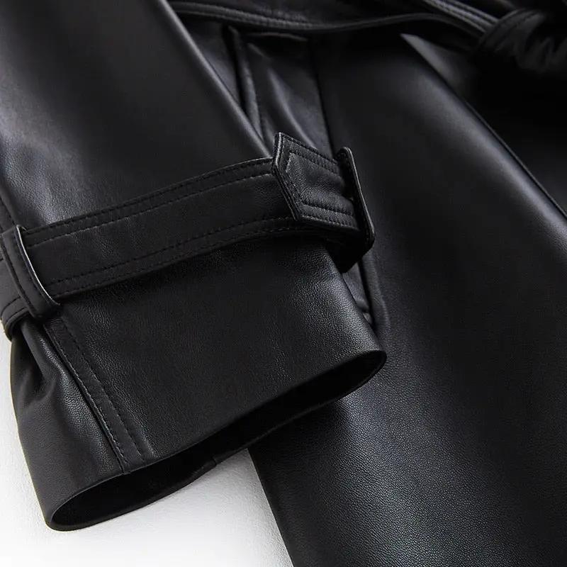 Women's Allure Leather Long Coat | Premium Double-Breasted Trench