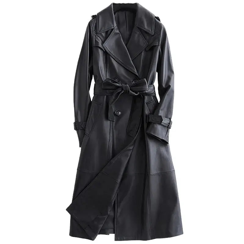 Women's Allure Leather Long Coat | Premium Double-Breasted Trench