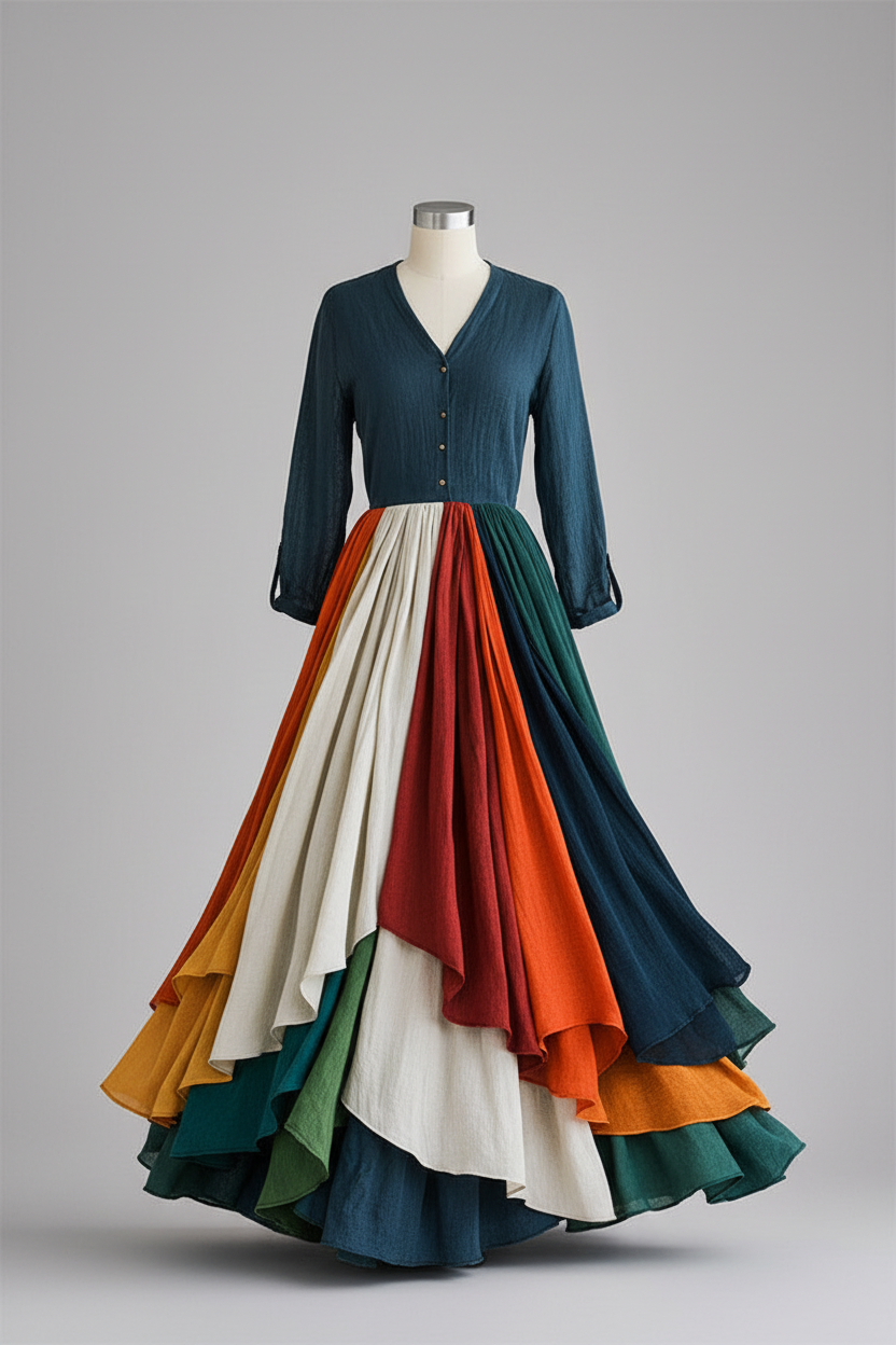 A long-sleeve maxi dress displayed on a mannequin against a neutral gray studio background. The top portion is a dark teal blue button-front panel, while the full skirt features layered, flowing panels in cream, rust red, orange, green, and dark teal.