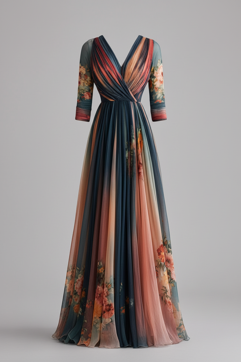 A floor-length wrap-style gown with three-quarter sleeves, featuring a gradient of navy, dusty pink, and rust orange with a floral print, shown against a neutral gray background.