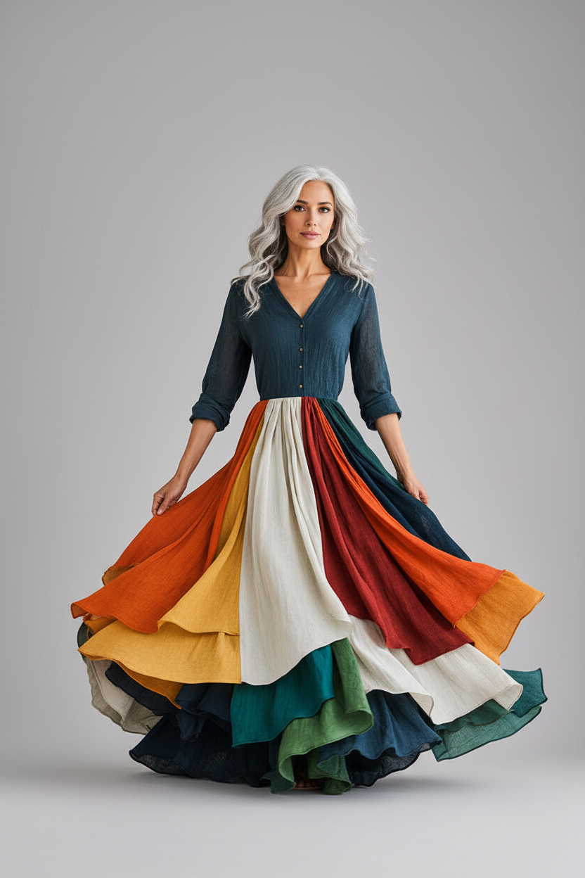 A woman with long silver hair stands against a neutral gray studio background, wearing a flowing layered dress with a dark teal button-front bodice and a full multicolor skirt in orange, cream, red, green, and navy.