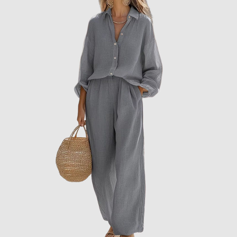 Women's Linen Shirt & Wide-Leg Pants Set | Summer Outfit
