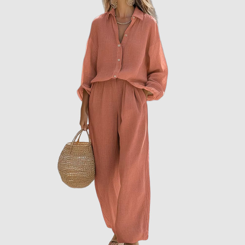 Women's Linen Shirt & Wide-Leg Pants Set | Summer Outfit