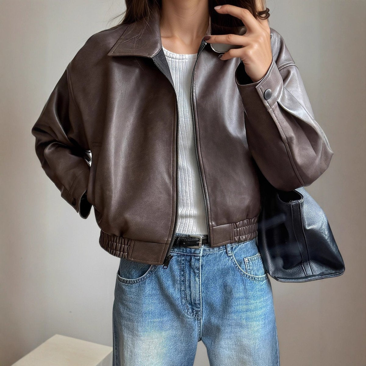 Women's Ava Faux Leather Bomber Jacket | Elastic Hem Outerwear
