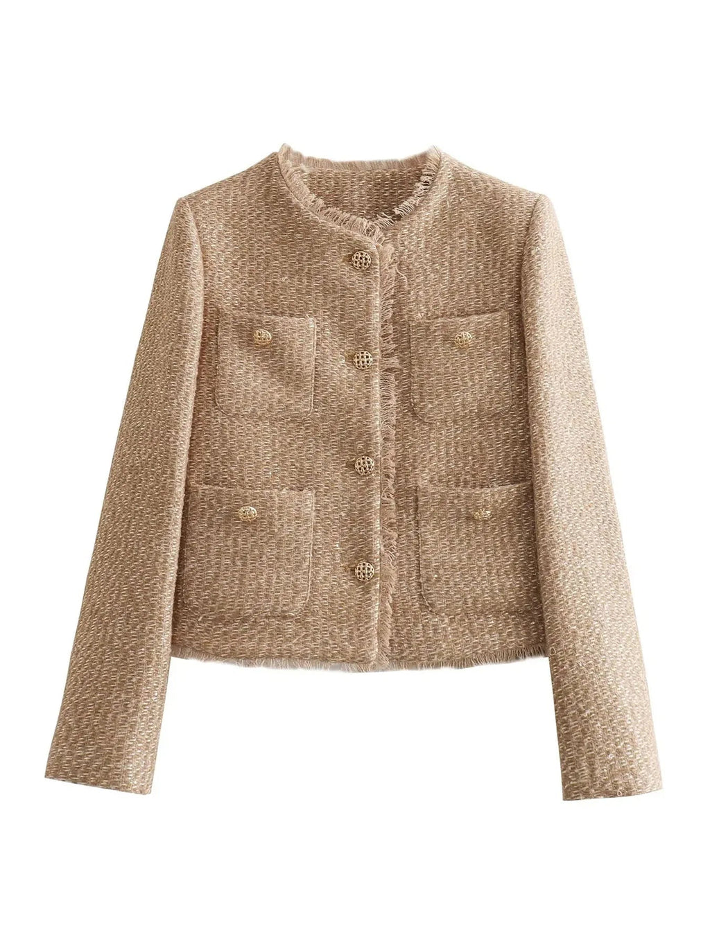 Women's Beige Tweed Jacket | Gold Button Elegance