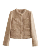 Women's Beige Tweed Jacket | Gold Button Elegance