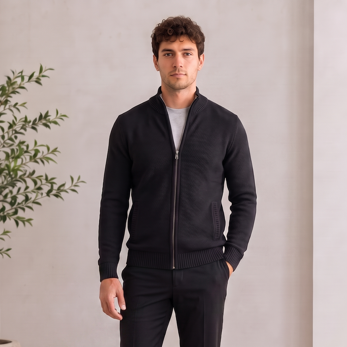 Men's Textured Knit Zip-Front Jacket – Casual Stand-Collar Cardigan