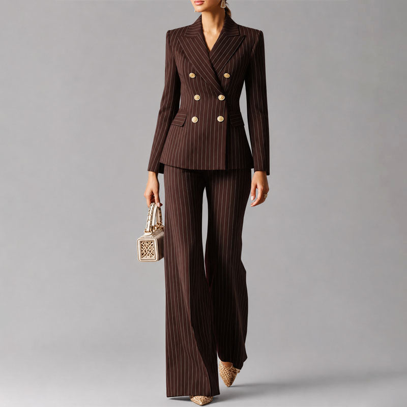 Women's Pinstripe Pantsuit Set | Tailored Double-Breasted Suit