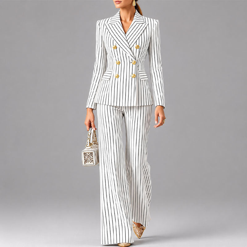Women's Pinstripe Pantsuit Set | Tailored Double-Breasted Suit