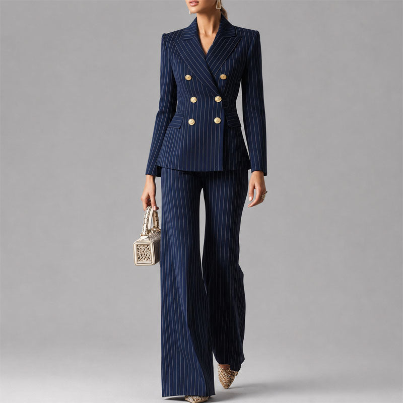 Women's Pinstripe Pantsuit Set | Tailored Double-Breasted Suit