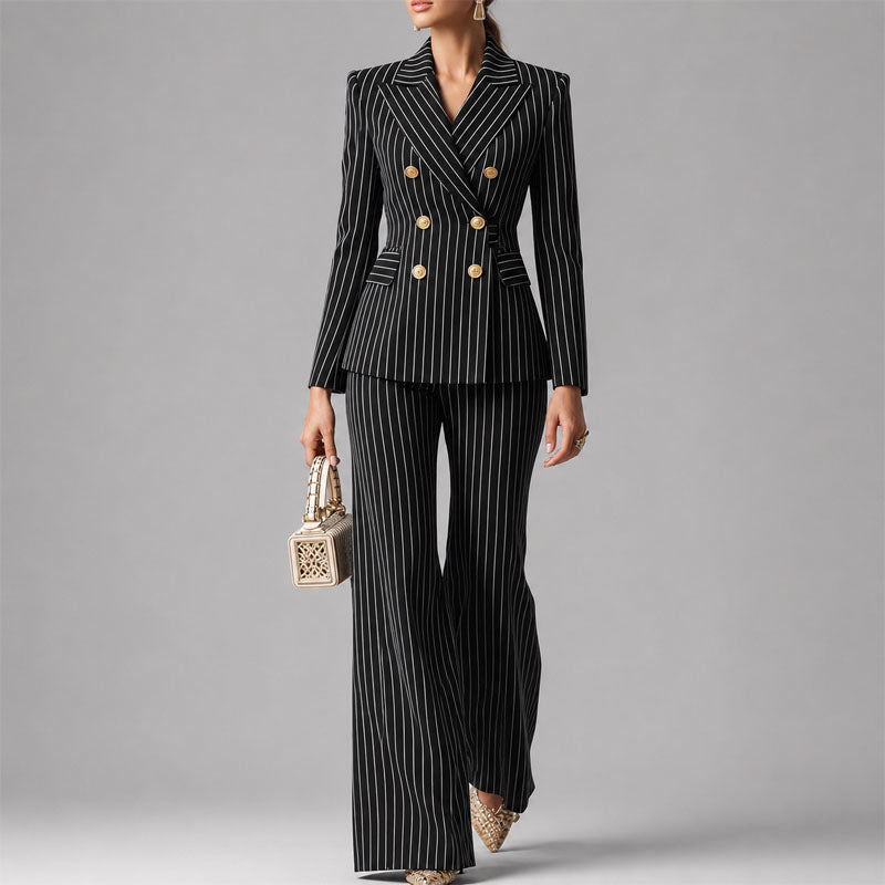 Women's Pinstripe Pantsuit Set | Tailored Double-Breasted Suit