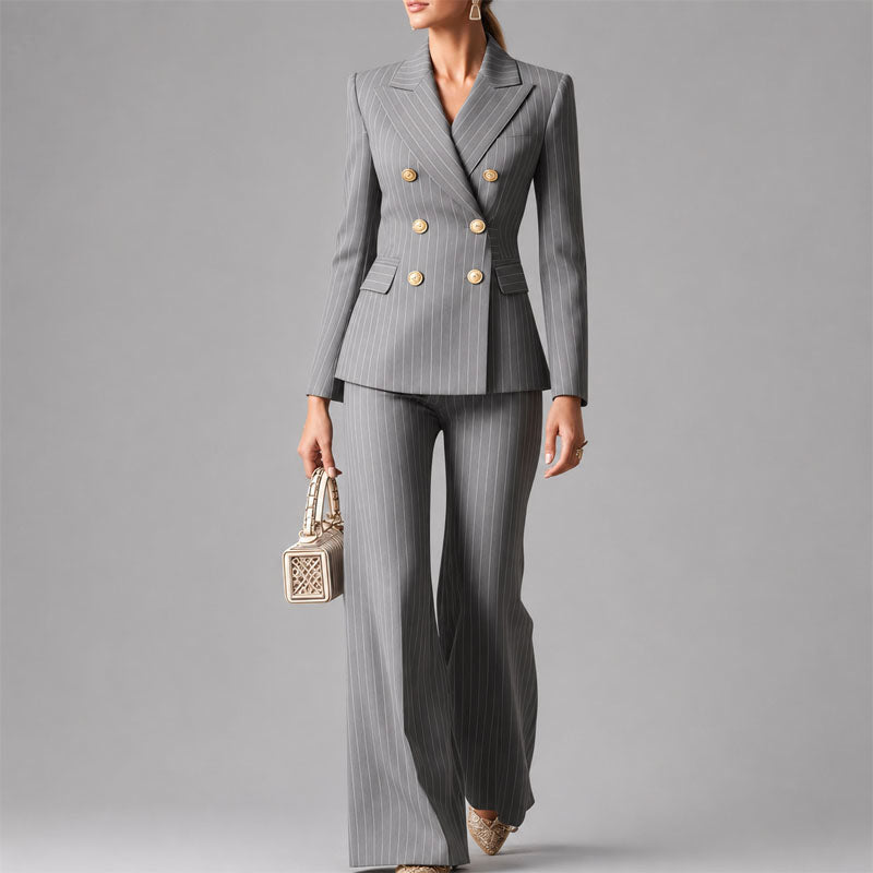 Women's Pinstripe Pantsuit Set | Tailored Double-Breasted Suit