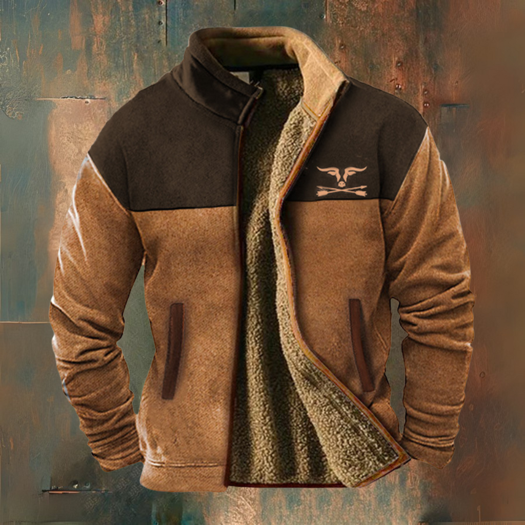 Brown and black fleece jacket with a brand logo on a textured background