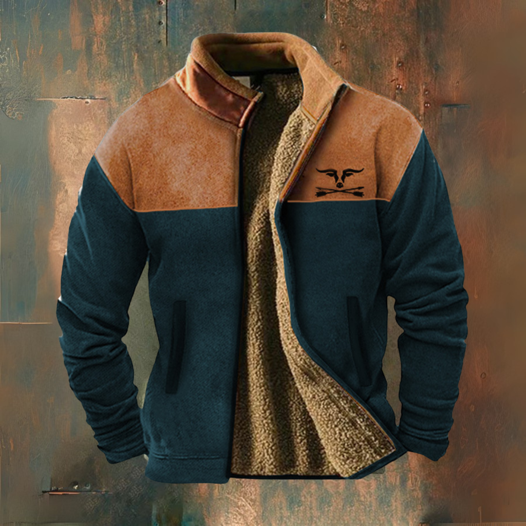 Two-tone jacket with brown and blue colors on a textured background