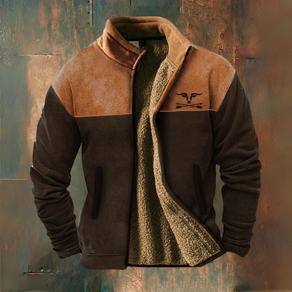 Two-tone jacket with brown and black design on a textured background