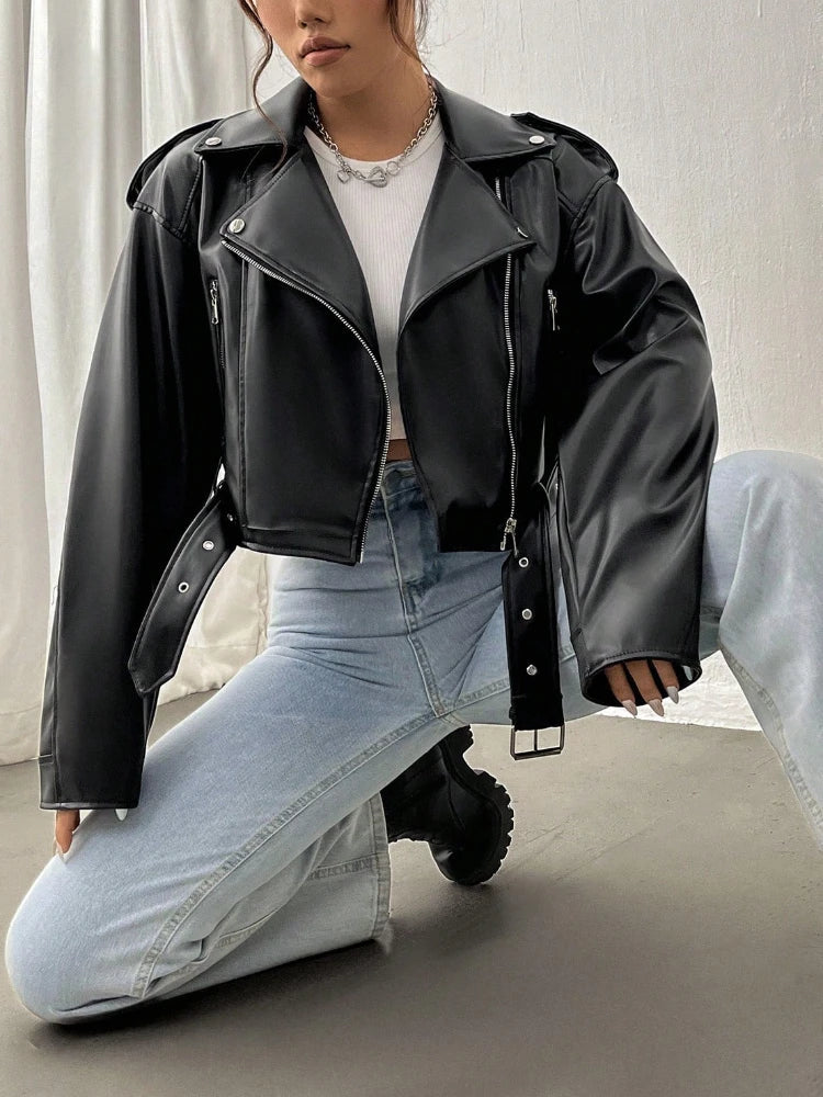 Women's Leather Jacket | Black Zip-Up Biker Style