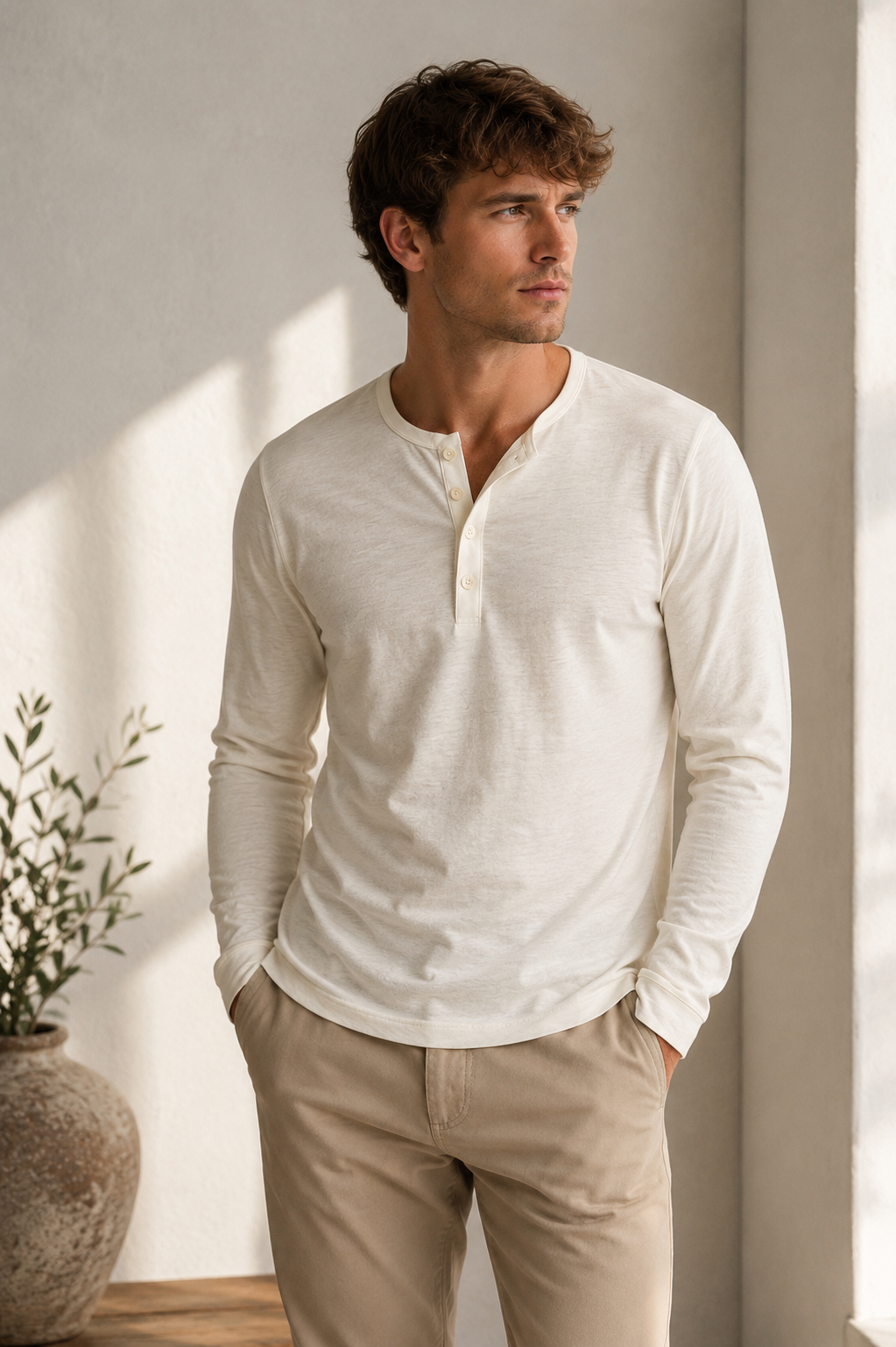 A man wearing a cream-colored long-sleeve henley shirt and beige trousers, standing in a brightly lit room with a textured wall and a potted plant in the background.