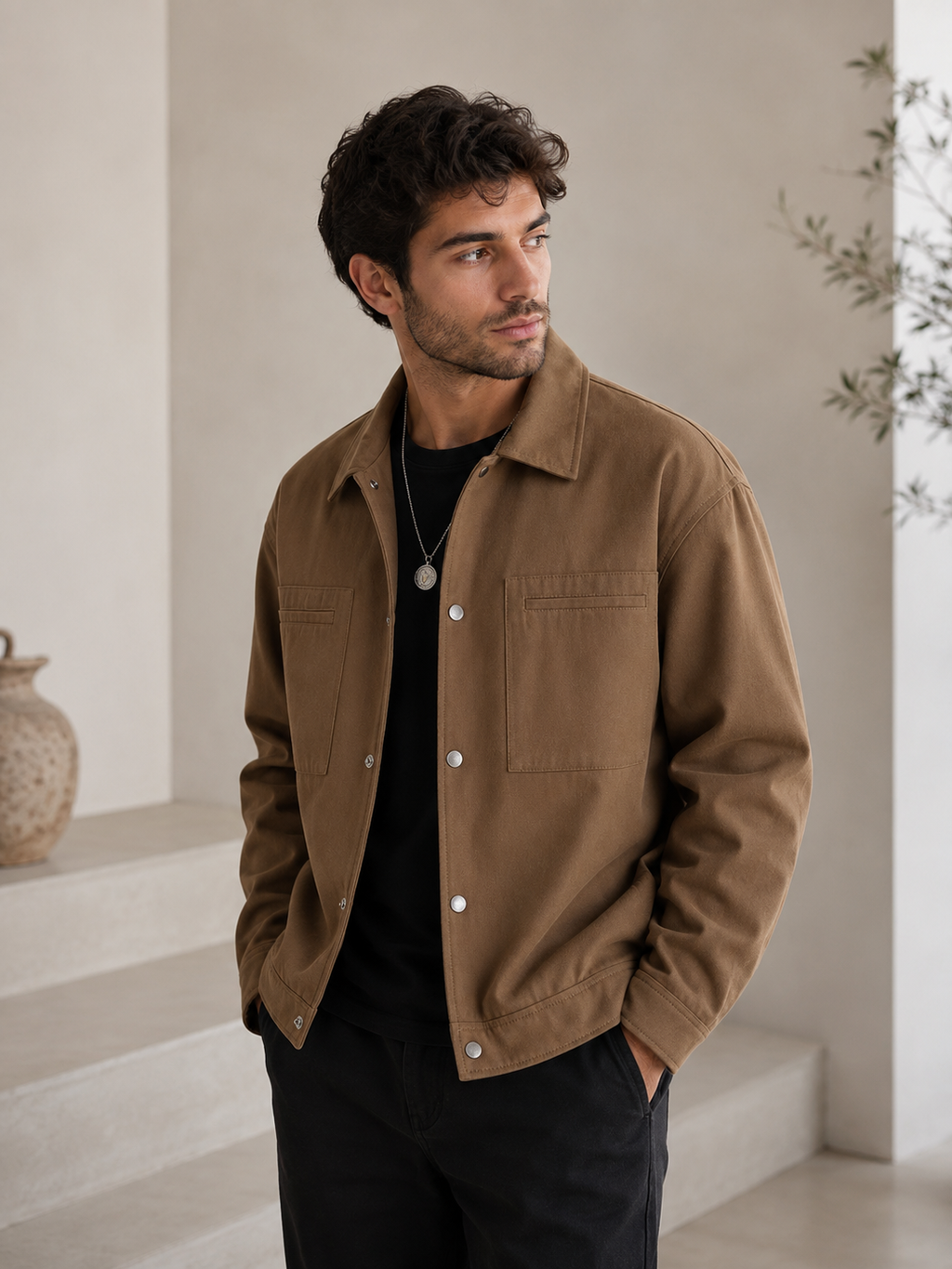 Man wearing a brown jacket in a minimalistic indoor setting