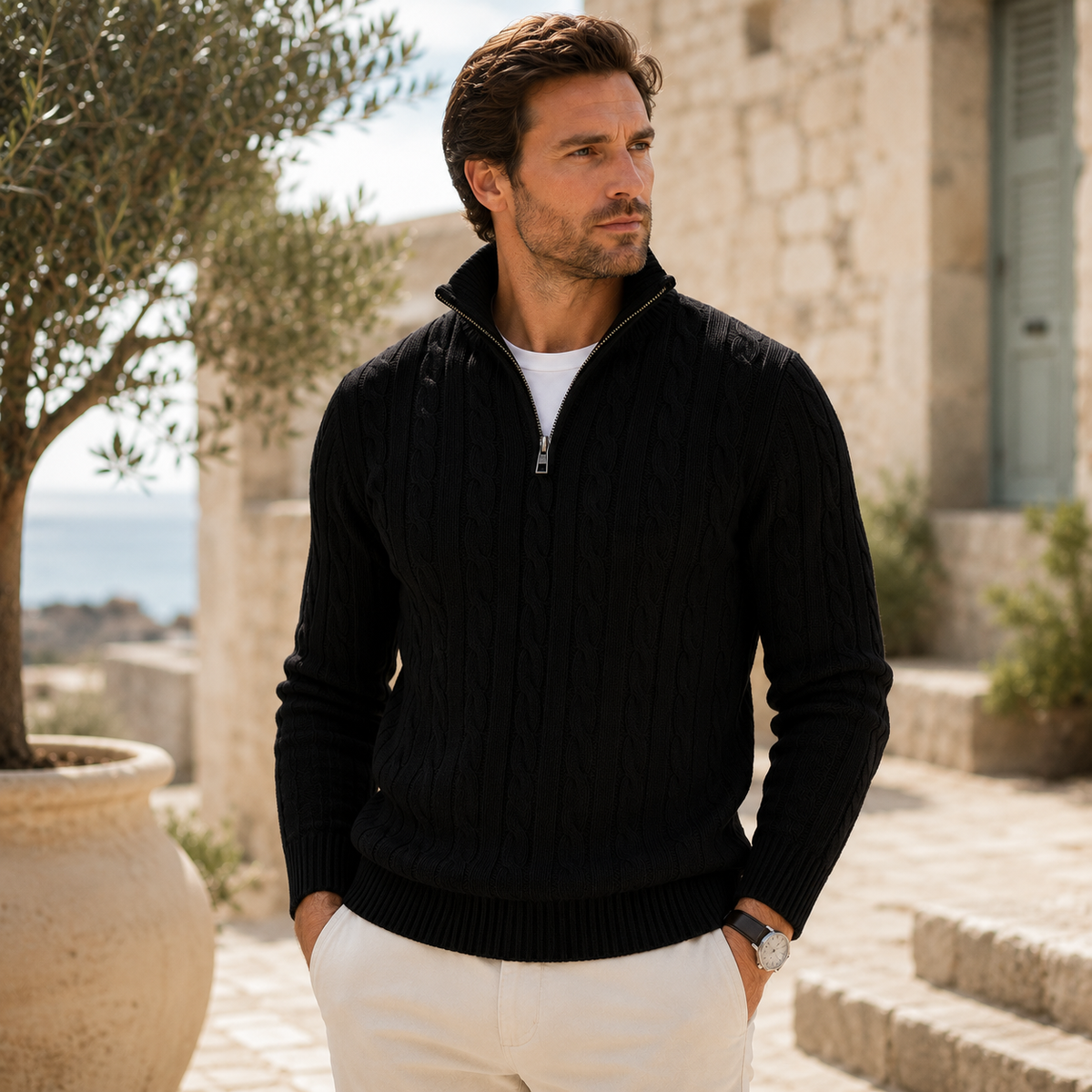 Men’s Cable Knit Quarter Zip Sweater – Warm Jumper