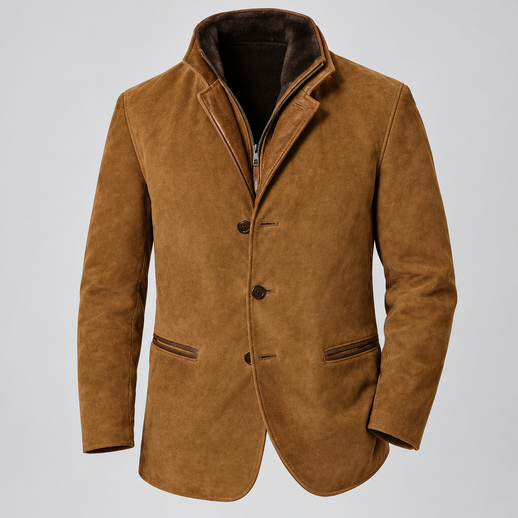 A men's brown suede-like blazer jacket with a plush dark brown fleece lining, featuring a stand collar, three-button front closure, and welt pockets, shown on a neutral light gray background.