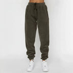 Dark gray sweatpants worn by a person on a white background