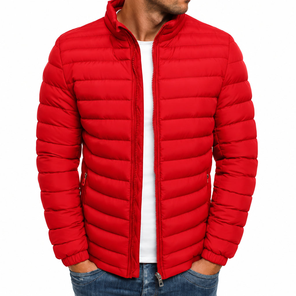 Red puffer jacket worn by a person on a white background