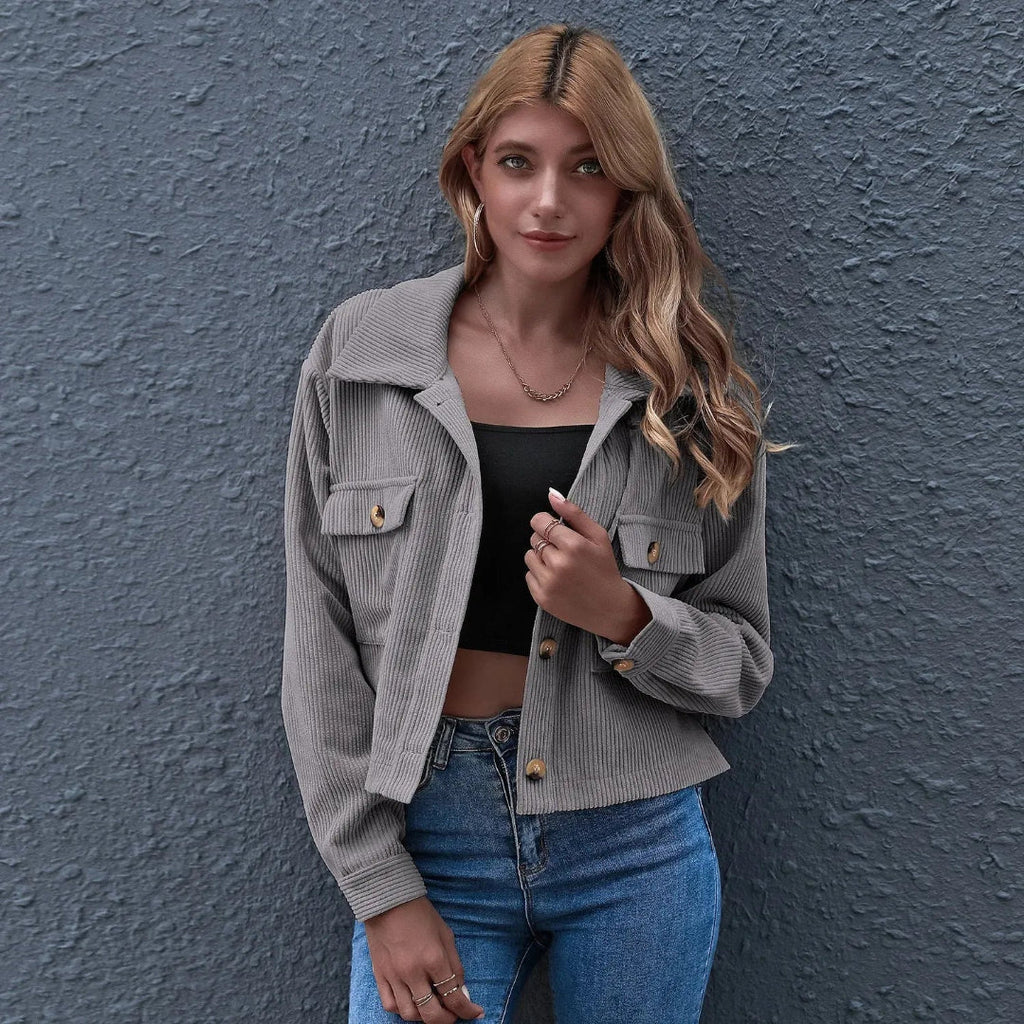 Women's Cropped Corduroy Collared Jacket | Chloe Button-Up Coat