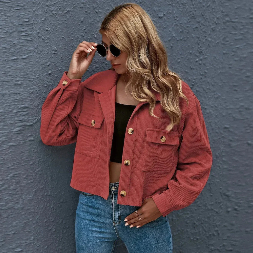 Women's Cropped Corduroy Collared Jacket | Chloe Button-Up Coat