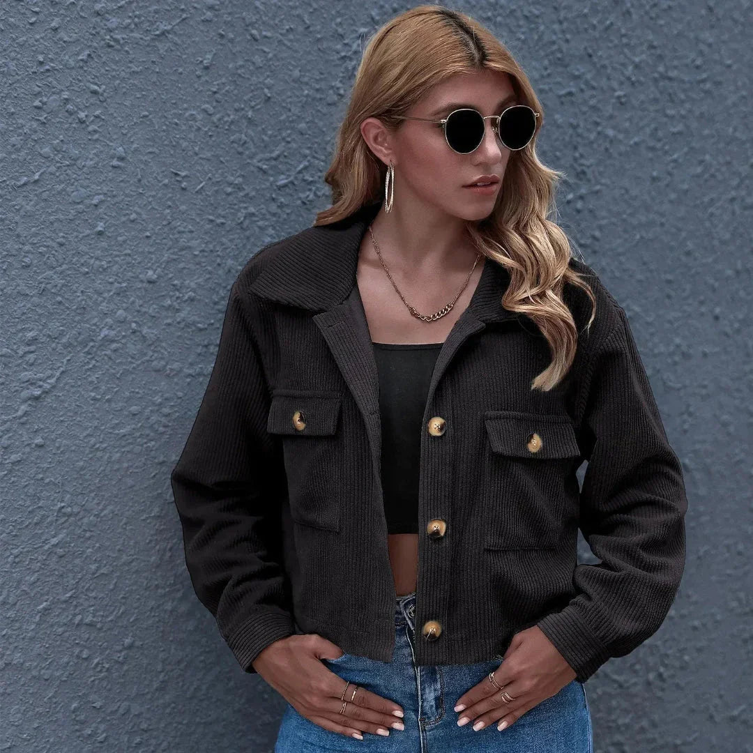Women's Cropped Corduroy Collared Jacket | Chloe Button-Up Coat