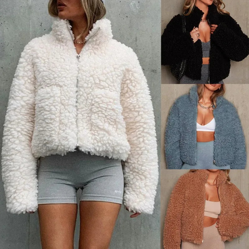 Women's Cropped Teddy Jacket | Warm Fleece Coat
