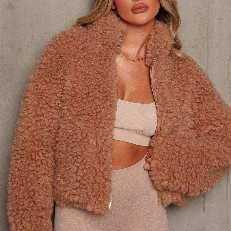 Women's Cropped Teddy Jacket | Warm Fleece Coat