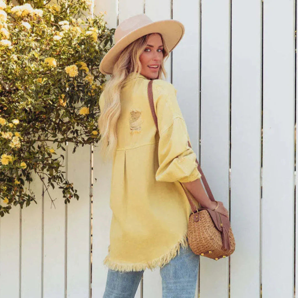 Women's Distressed Denim Jacket | Trendy Oversized Frayed Coat